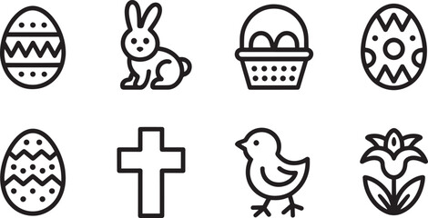 Spring Icons Set Egg Rabbit Basket Cross Chick Flower Outline Style on Transparent Backdrop