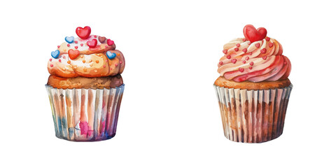 cupcake with heart sprinkles watercolor vector illustration