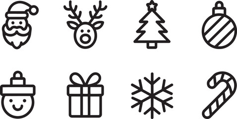 Winter Holiday Icons Set Outline Style Santa Claus Reindeer Tree Ornament Snowman Gift Snowflake