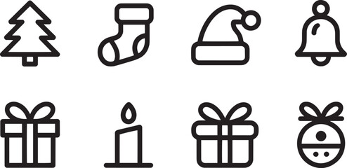Winter Holiday Icons Set Outline Style Tree Stocking Santa Hat Bell Gift Candle Ornament Vector