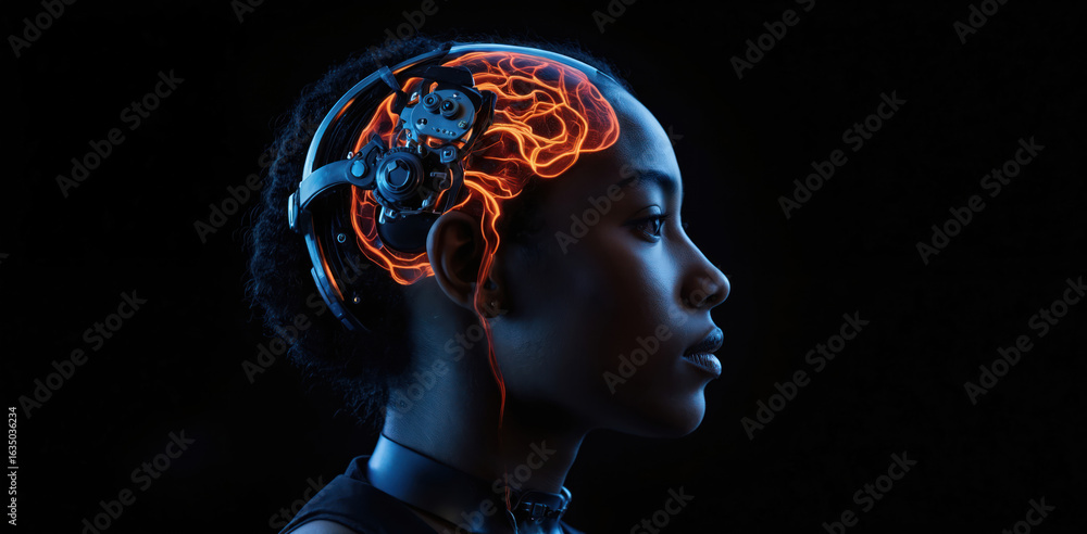 Poster glowing brain-computer interface concept. human head with futuristic neural network technology, ai, 