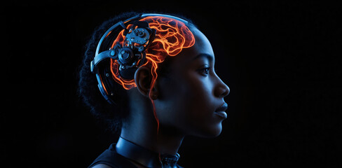 Obraz premium Glowing brain-computer interface concept. Human head with futuristic neural network technology, AI, machine learning in mind. Digital communication, cyberspace connection, cybernetic human