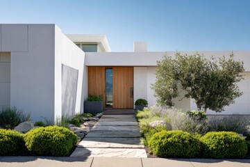 Sleek white minimalist house features angular design and modern landscaping
