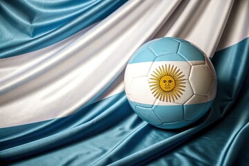Argentinian soccer ball adorned with the sun of may rests on a flowing silk flag