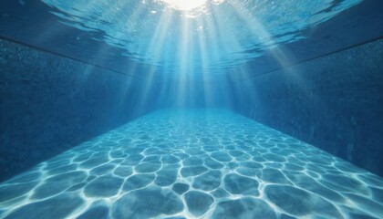 Underwater view of swimming pool with sun rays filtering through clear blue water. Light creates rippling patterns on tiled floor. Deep blue walls, serene water evoke sense of calm, relaxation,