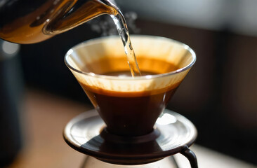 Pour over coffee brewing. Slow coffee preparation. Filtered coffee drip method. Hand-crafted specialty coffee.