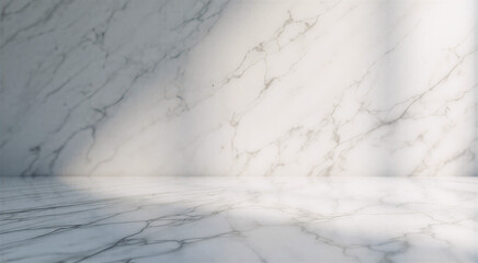 Clean marble countertop with reflective surface, illuminated by three-point studio lighting setup consisting of overhead key light, side backfill light, and front hair light for even highlights and sh
