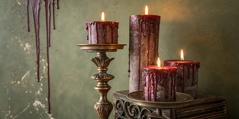 Four burning red candles dripping wax, creating a spooky halloween atmosphere against a textured green backdrop, offering ample copy space for creative designs and festive moods