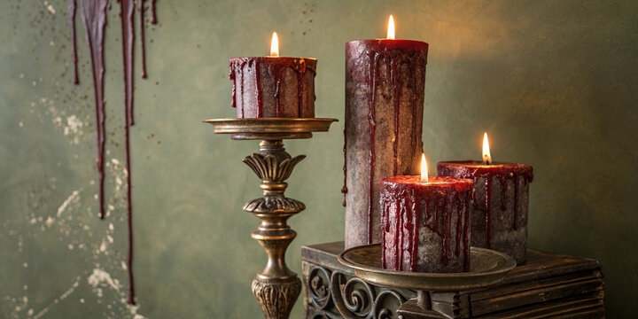 Four burning red candles dripping wax, creating a spooky halloween atmosphere against a textured green backdrop, offering ample copy space for creative designs and festive moods