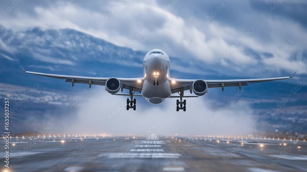 Poster A dynamic side view captures a passenger jet mid-takeoff, ascending through clouds with the runway fading below, symbolizing the start of an aerial journey.