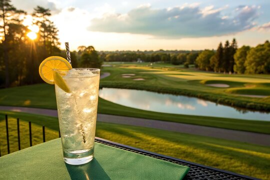Refreshing cocktail with scenic golf course view at sunset