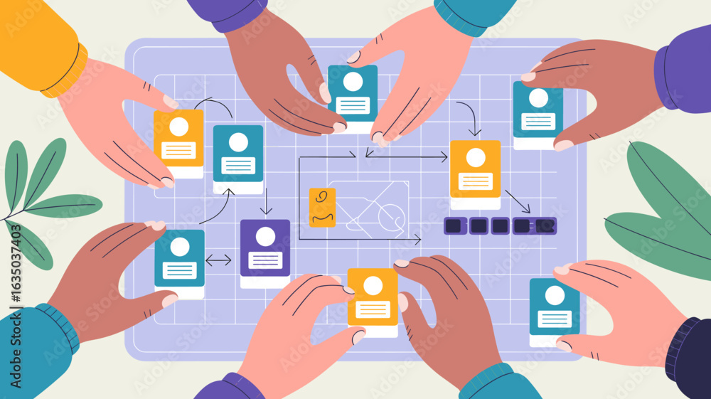 Poster diverse team hands creating a user story map vector illustration, agile development process and prod