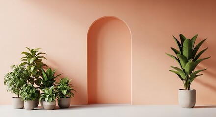 Modern interior with archway and lush green plants in soft peach tones