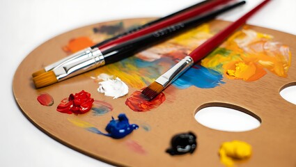 Obraz premium Artists Palette with Vibrant Paints and Brushes Creating Colorful Artwork in Studio
