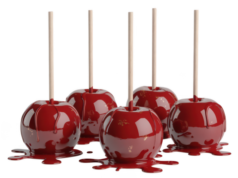 Five glossy red candy apples on sticks isolated on transparent background - Powered by Adobe