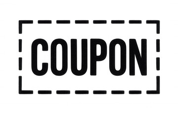 Black coupon word with dashed border isolated on transparent background, ideal for marketing and promotion