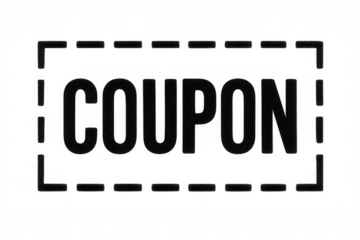 Black coupon word with dashed border isolated on transparent background, ideal for marketing and promotion