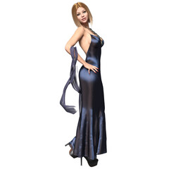 3D rendered elegant blonde woman with a long sating dress isolated on transparent background 