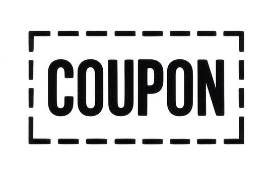 Black coupon word with dashed border isolated on transparent background, ideal for marketing and promotion