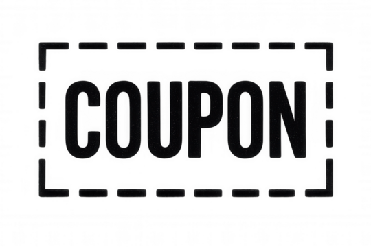 Black coupon word with dashed border isolated on transparent background, ideal for marketing and promotion