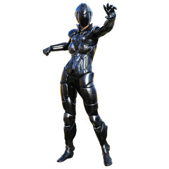 3D render of a futuristic female warrior in a sleek silver metallic armored suit, isolated on transparent background