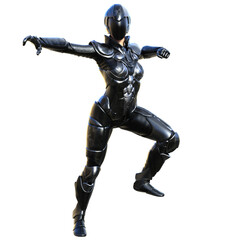 3D render of a futuristic female warrior in a sleek silver metallic armored suit, isolated on transparent background