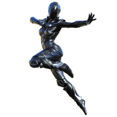 3D render of a futuristic female warrior in a sleek silver metallic armored suit, isolated on transparent background