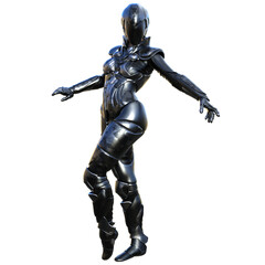 3D render of a futuristic female warrior in a sleek silver metallic armored suit, isolated on transparent background