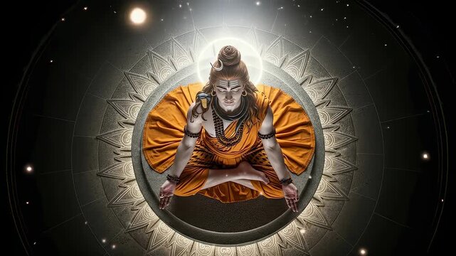 Illustration of lord shiva meditating in lotus position, radiating divine light and spiritual energy, representing hinduism, yoga, and the power of meditation