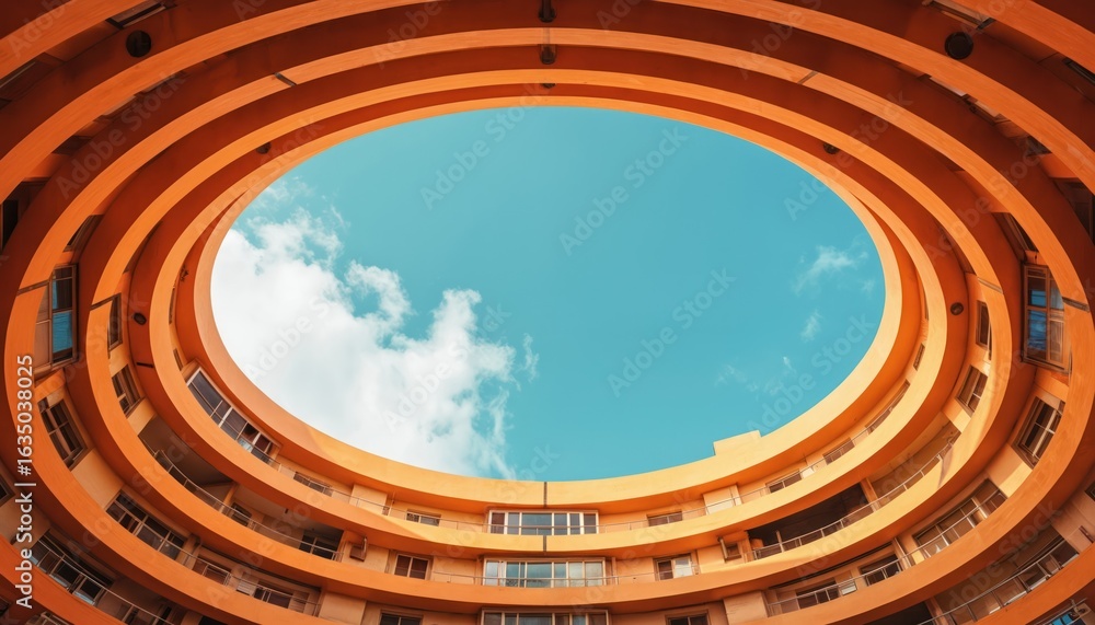 Aufkleber abstract orange building structure with circular sky view. geometric design features clean lines and