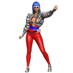 3D render of a stylish futuristic woman with bright blue hair, sunglasses, a metallic silver jacket, and tight red pants, isolated on transparent background