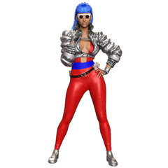 3D render of a stylish futuristic woman with bright blue hair, sunglasses, a metallic silver jacket, and tight red pants, isolated on transparent background
