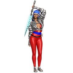 3D rendered illustration of a stylish futuristic woman with bright blue hair, sunglasses, a metallic silver jacket, and tight red pants, isolated on transparent background