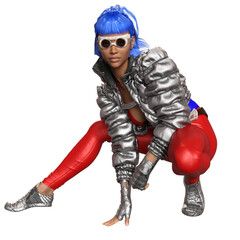 3D render of a stylish futuristic woman with bright blue hair, sunglasses, a metallic silver jacket, and tight red pants, isolated on transparent background
