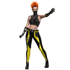 3D render of a futuristic warrior woman with cyberpunk tattoos, isolated on transparent background