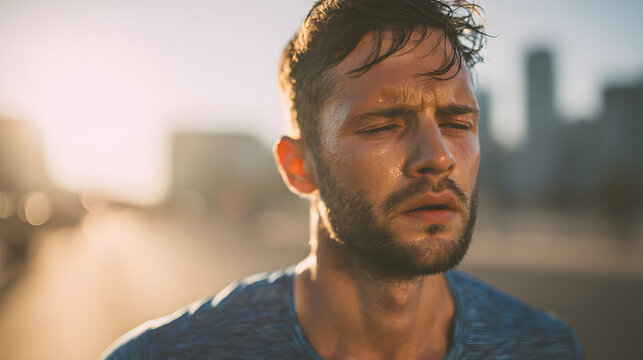 Tired Caucasian European young man sportsman running jogging morning training workout cardio exhausted guy male hard breathing stopping rest relaxing pause city outdoor sport healthy lifestyle runner - Powered by Adobe