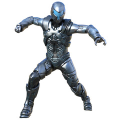 3D rendered futuristic soldier in a silver armored suit, isolated on transparent background