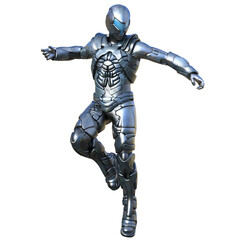 3D rendered futuristic soldier in a silver armored suit, isolated on transparent background