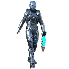 3D rendered futuristic soldier in a silver armored suit, isolated on transparent background