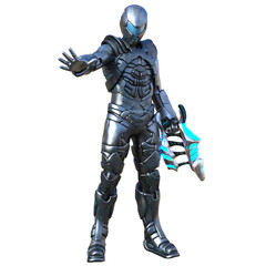 3D rendered futuristic soldier in a silver armored suit, isolated on transparent background