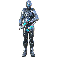 3D rendered futuristic soldier in a silver armored suit, isolated on transparent background