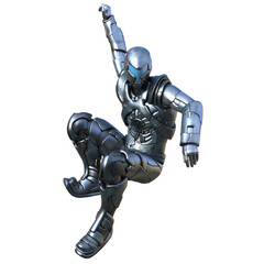 3D rendered futuristic soldier in a silver armored suit, isolated on transparent background