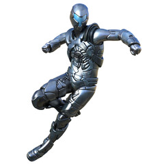 3D rendered futuristic soldier in a silver armored suit, isolated on transparent background