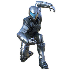 3D rendered futuristic soldier in a silver armored suit, isolated on transparent background