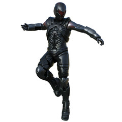 3D rendered futuristic soldier in a black armored suit, isolated on transparent background