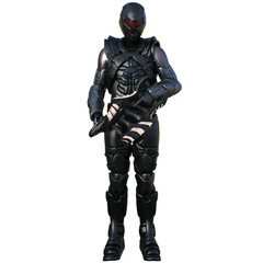 3D rendered futuristic soldier in a black armored suit, isolated on transparent background