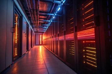 Illuminated server room corridor with racks of blinking lights and warm orange and cool blue glow