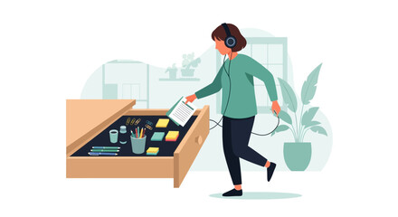 Young Adult Listen To Music During Studying With Office Accessories