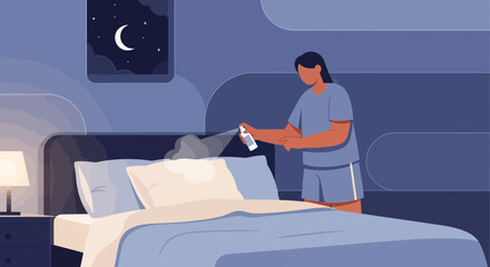 Woman Sprays Pillow with Sleep Mist for Relaxation Before Bedtime