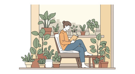 Fototapeta premium Girl Reads a Book Relaxing at Home with Many Plants Around Her